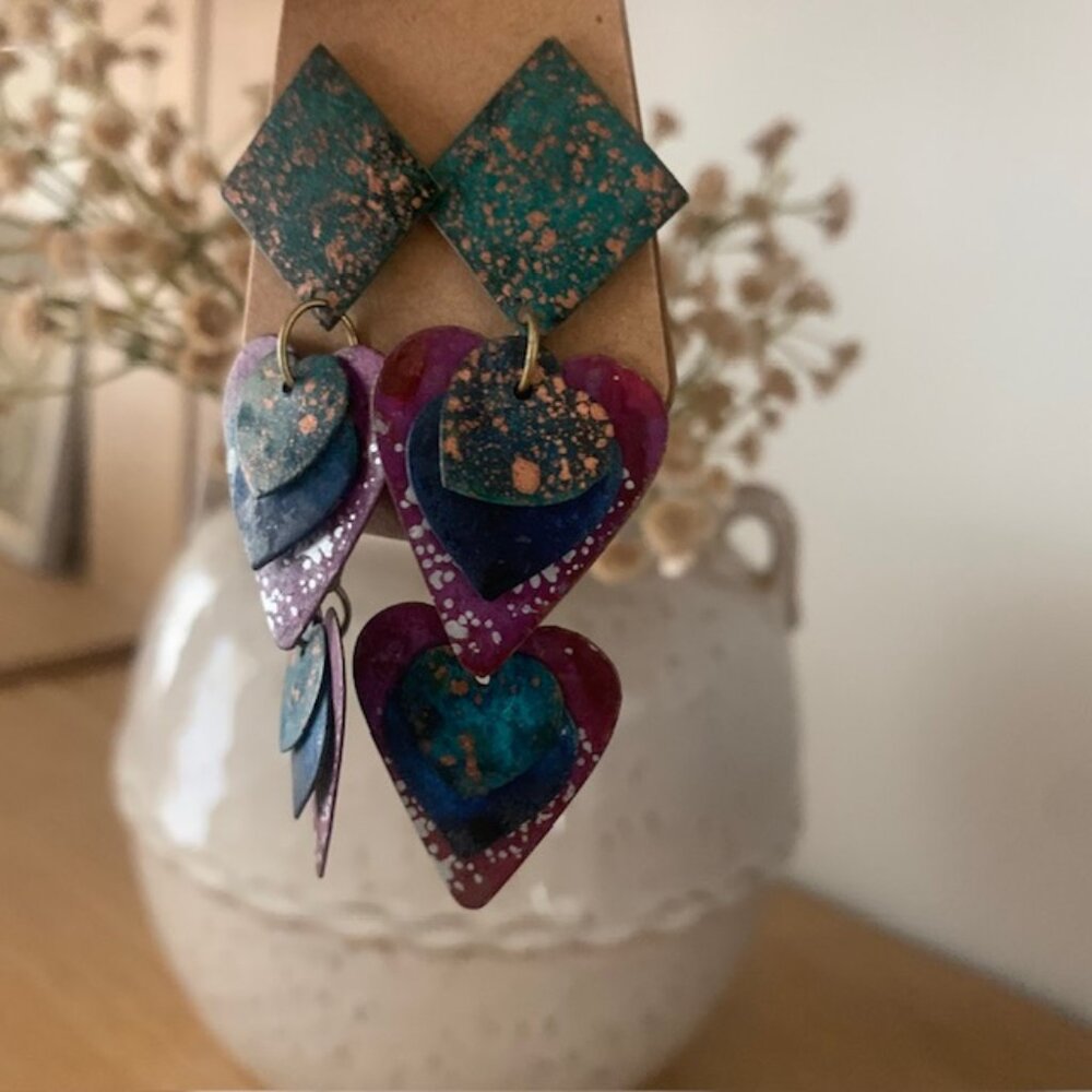 Vintage 90s Verdigris Patina like Stacked Heart Dangle Earrings